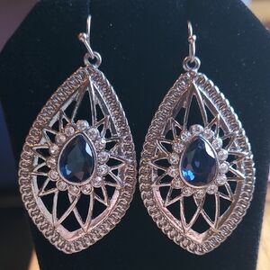 Silver-Tone Blue Teardrop Crystal Filigree Drop Earrings